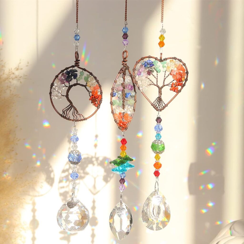 3pcs Crystal Suncatchers for Windows Hanging Tree of Life Sun Catchers Decor with Prisms for Car, Chakra Feng Shui Decor for Home, Pack of 3