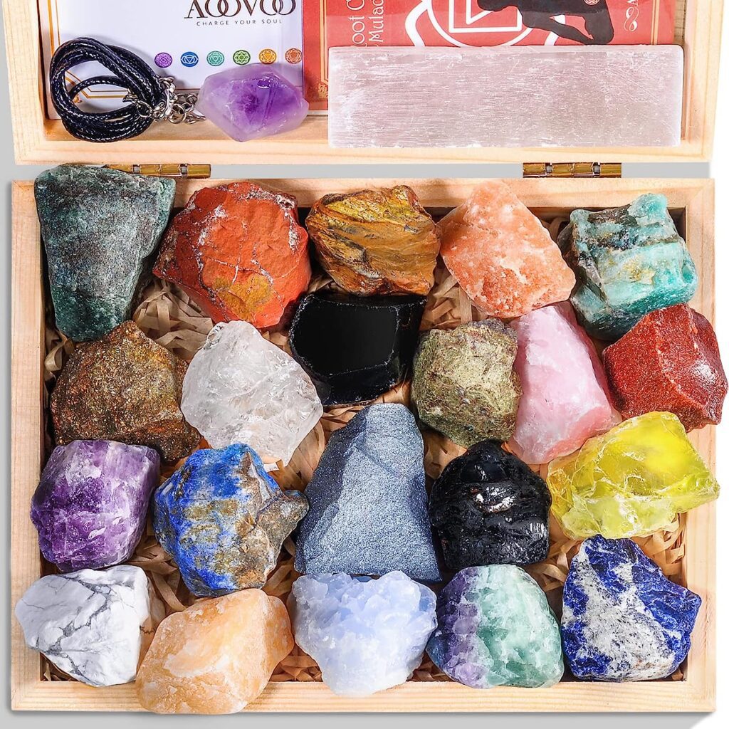AOOVOO 31Pcs Crystals and Healing Stone Collection, 21 Real Healing Chakra Stones, Selenite Stick, Amethyst Necklace, Rose Quartz, Wooden Box + Guide, Gift for Beginner, Collection, Meditation, Yoga
