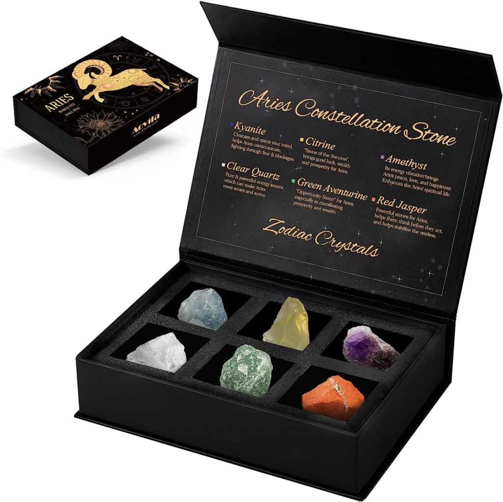 Aries Crystals Gift Set, Zodiac Signs Healing Crystals Birthstones with Horoscope Box Set Aries Astrology Crystals Healing Stones Gifts