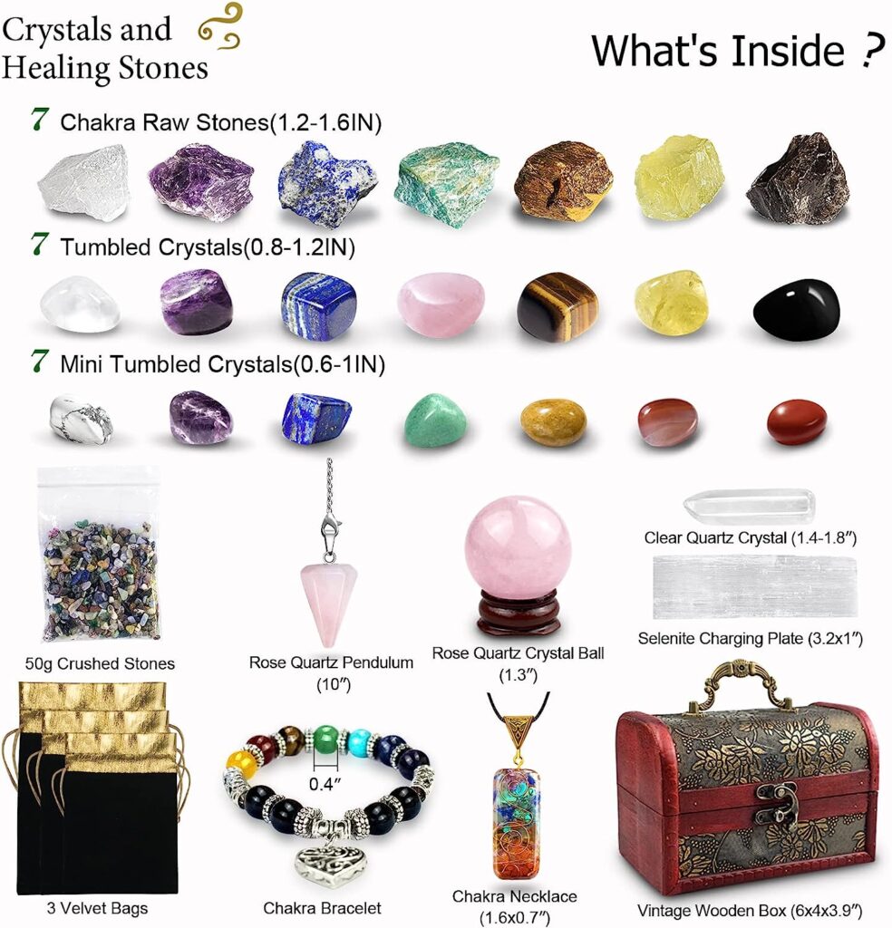 Healing Crystals Set, 28 Pcs Real Crystals and Healing Stones Kit, Energy Crystals for Beginners Meditation Yoga, 14 Natural Tumbled Crystals and 7 Raw Chakra Stones, Crystal Ball, Pendulum, Selenite