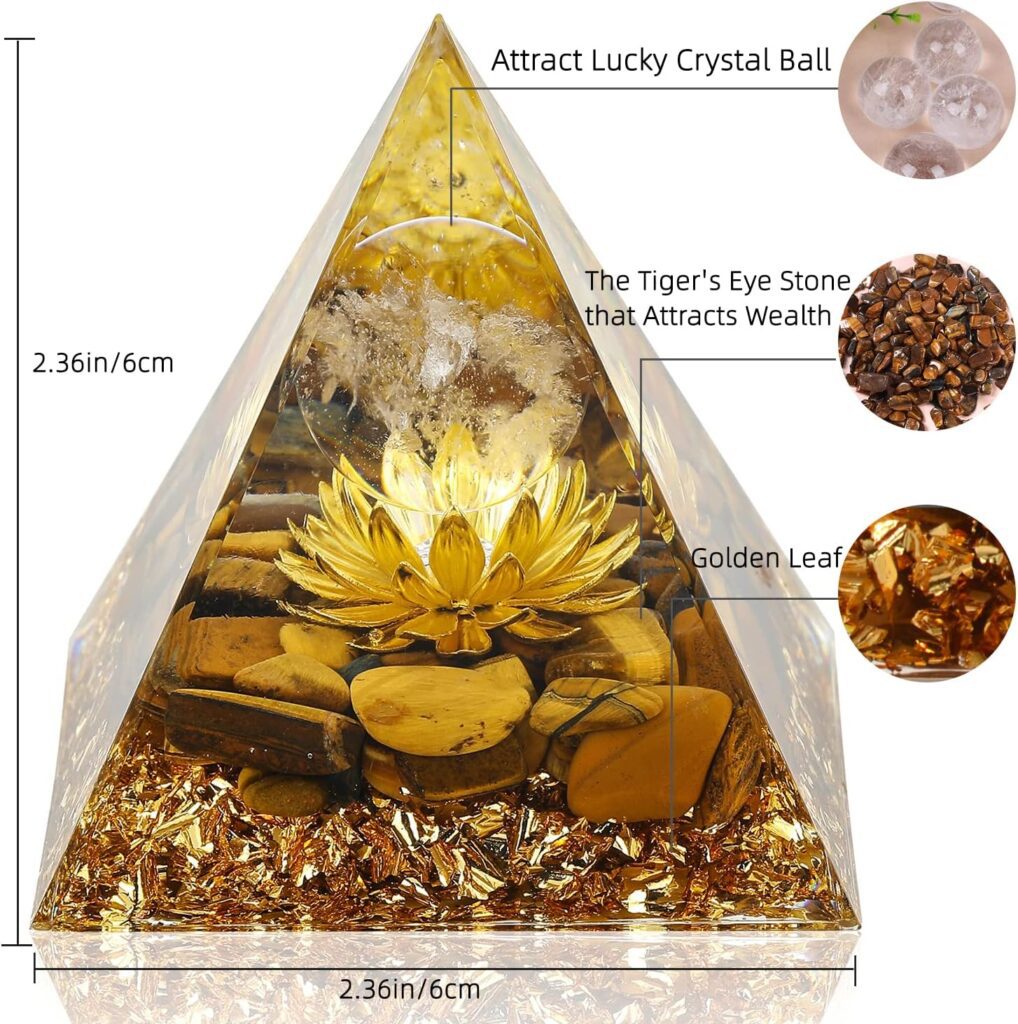 Hopeseed Orgone Pyramid Flower of Life Orgonite Money Healing Crystals Pyramid for Positive Energy with tigers eye Stones and luck white crystal that promotes wealth, prosperity and attracts success