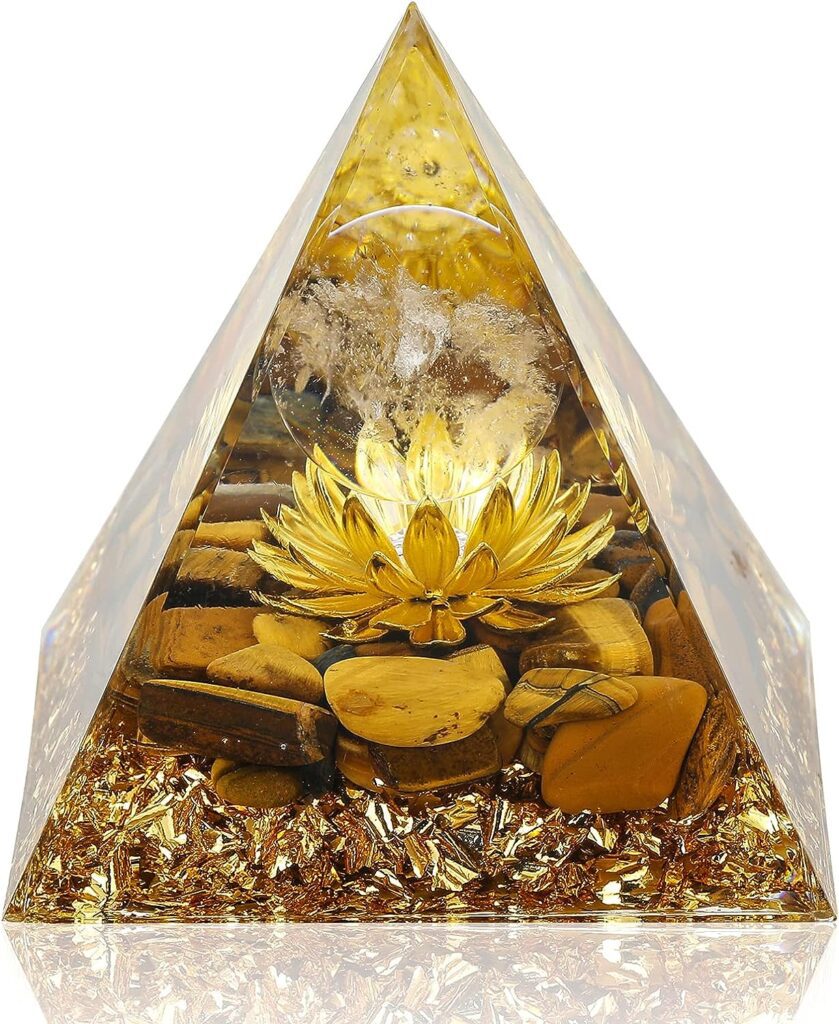 Hopeseed Orgone Pyramid Flower of Life Orgonite Money Healing Crystals Pyramid for Positive Energy with tigers eye Stones and luck white crystal that promotes wealth, prosperity and attracts success