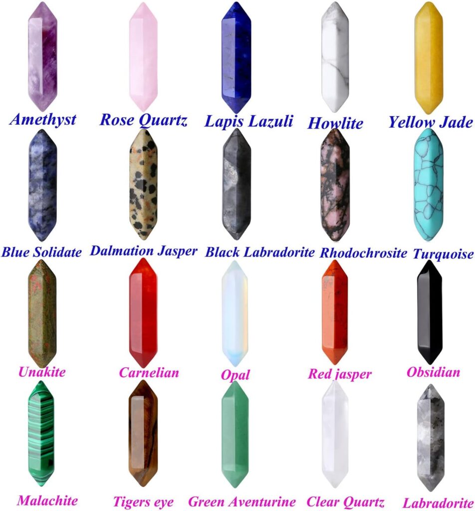 20PCS Healing Crystals Wand Stones Sets Natural Amethyst Rose Quartz Clear Quartz Tiger Eye Reiki Gemstones Bulk Hexagonal Points Energy Balancing Chakra Witchcraft Meditation Therapy Decor Desk Gift