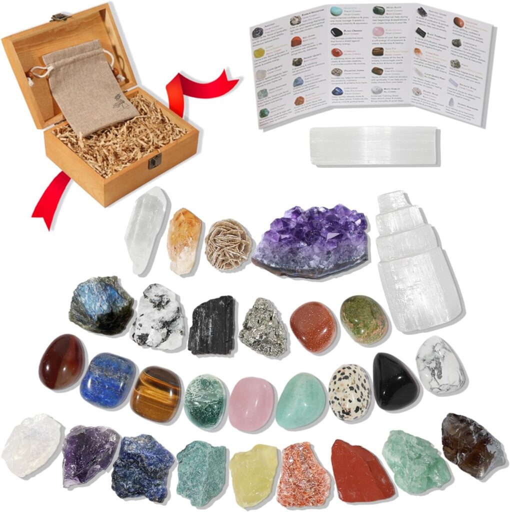 30 PCS Crystals and Stones Set - Natural Raw Healing Crystals  Tumbled Chakra Stones, Premium Protection Crystals Gift Kit Display in Wooden Box + Info Guide