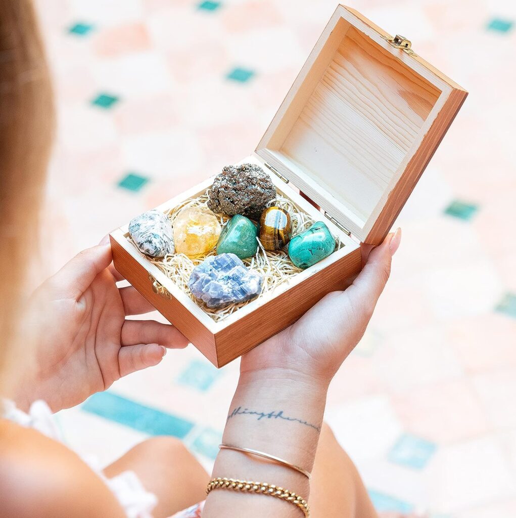 CRYSTALYA Abundance and Prosperity Healing Crystals, 100% Authentic, Wooden Gift Box + 50pg EBOOK- Malachite, Pyrite, Citrine, Aventurine, Blue Calcite, Tree Agate, Tiger Eye + Info Guide, Made in USA